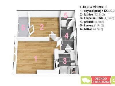 Praha / Lhotka, byt 2+kk, 63 m2 s balkónem, zděným sklepem a parkovacím stáním
